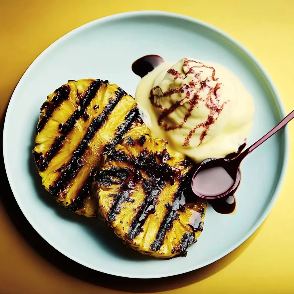 Eine Platte mit zwei Scheiben von Pineapple, die mit Schokoladensoße und Vanilleeis serviert werden.