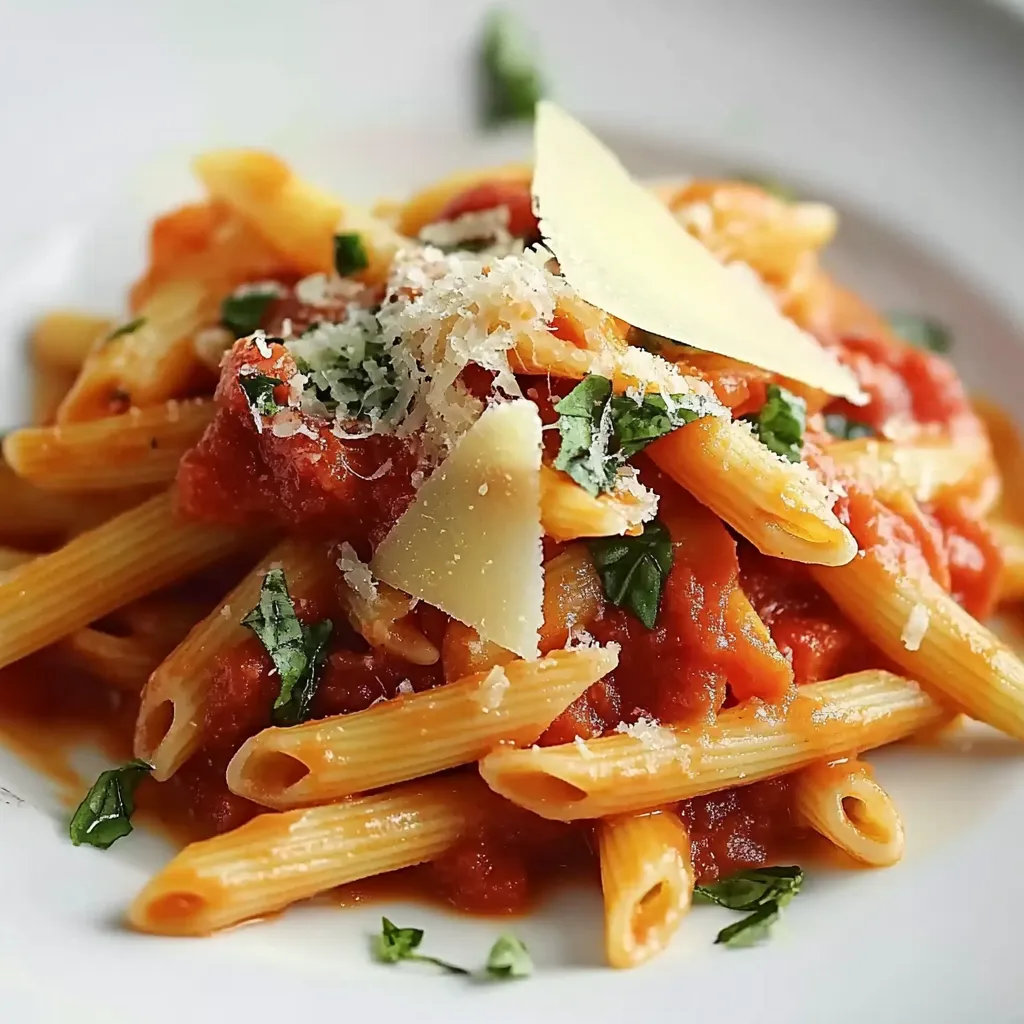 Eine Platte mit Penne-Nudeln, die mit Parmesan-Käse und Basilikum garniert sind.