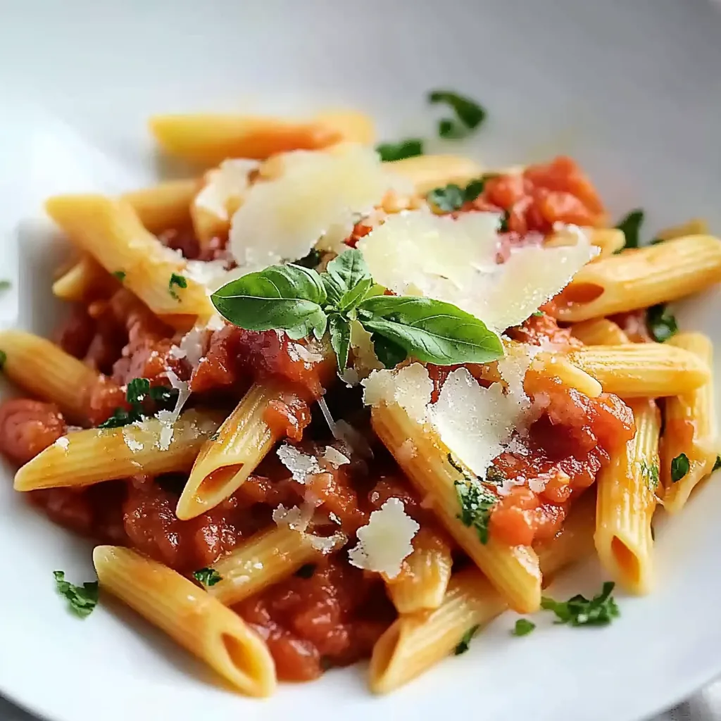 Ein weißer Teller mit Penne-Nudeln und Tomatensoße.