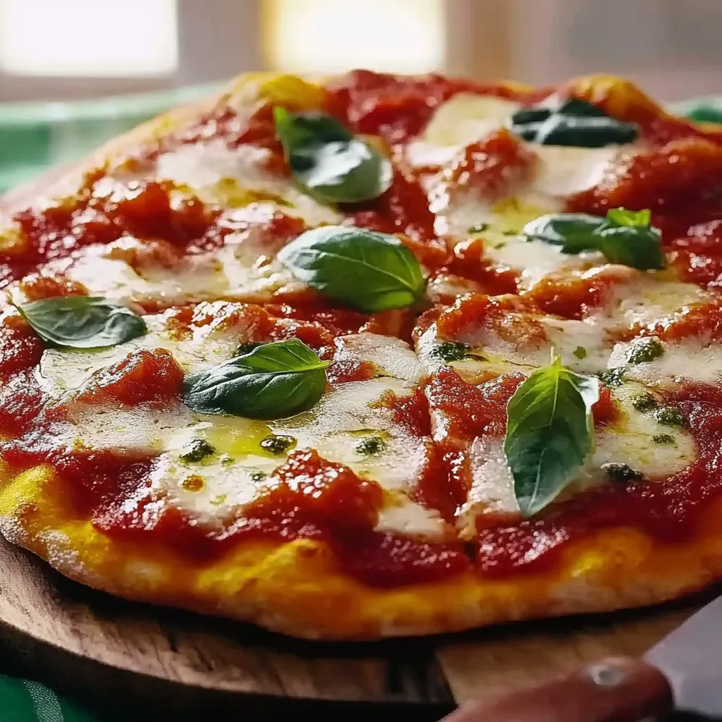 Eine pizza mit grünen Blättern auf der Oberseite.