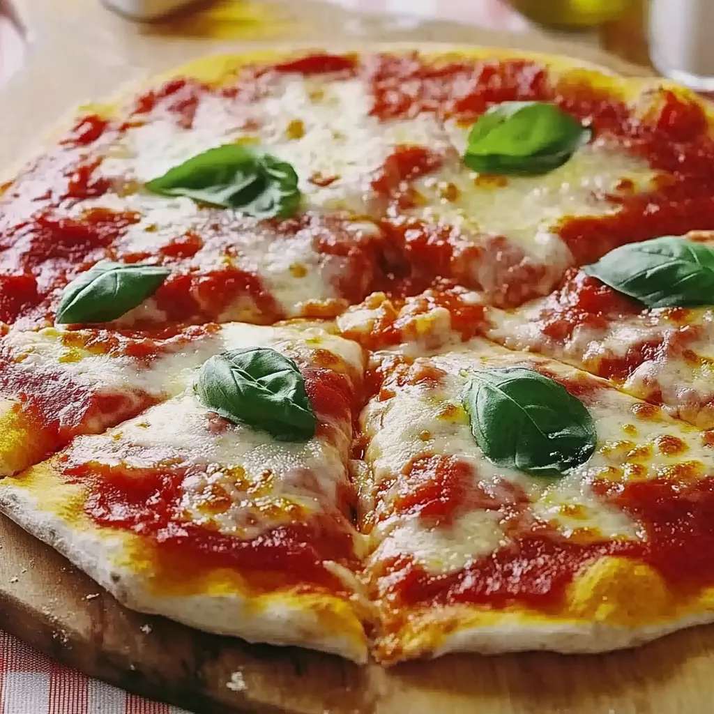 Eine Pizza mit Basilikum auf einem Tisch.