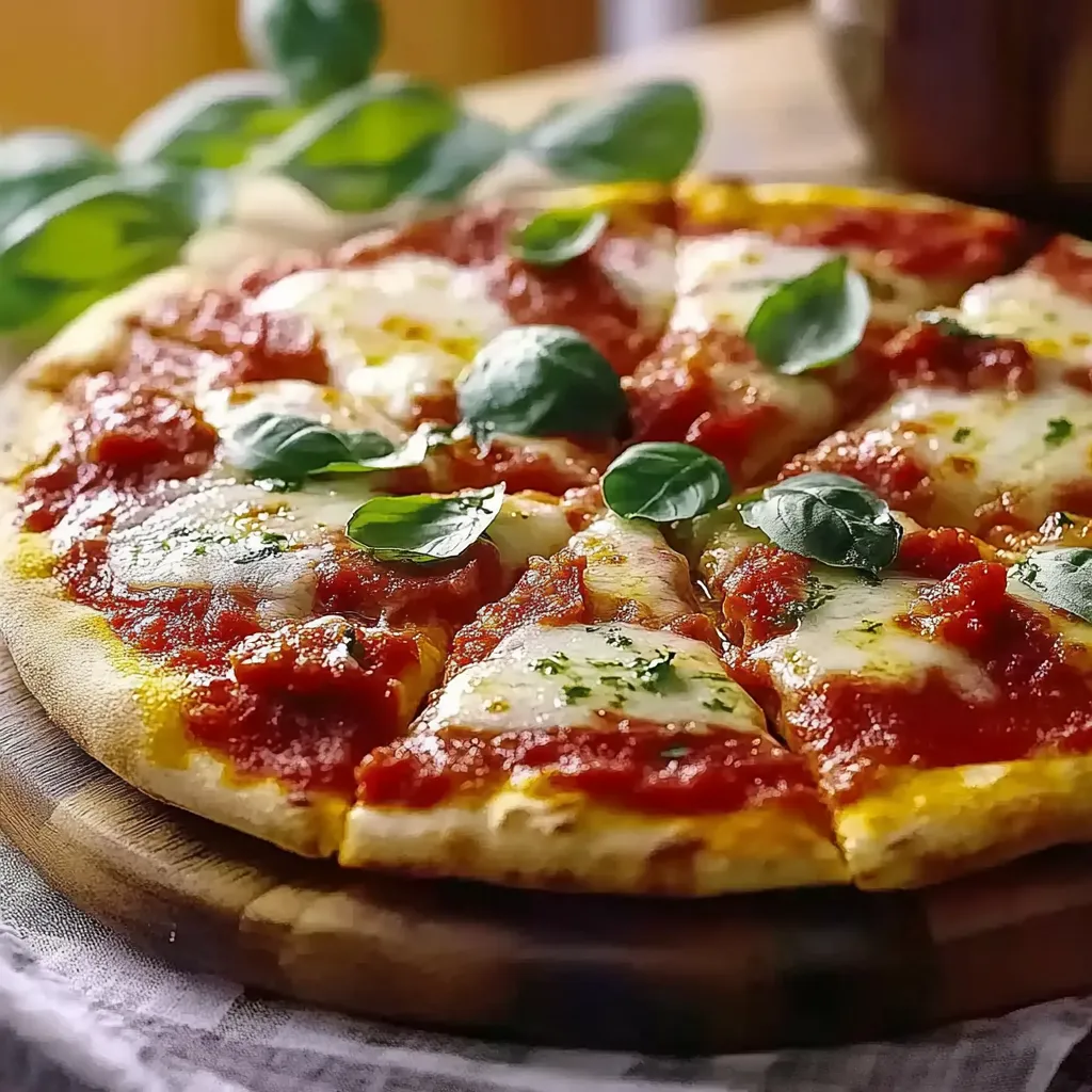 Eine Pizza mit Basilikum auf einem Brett.