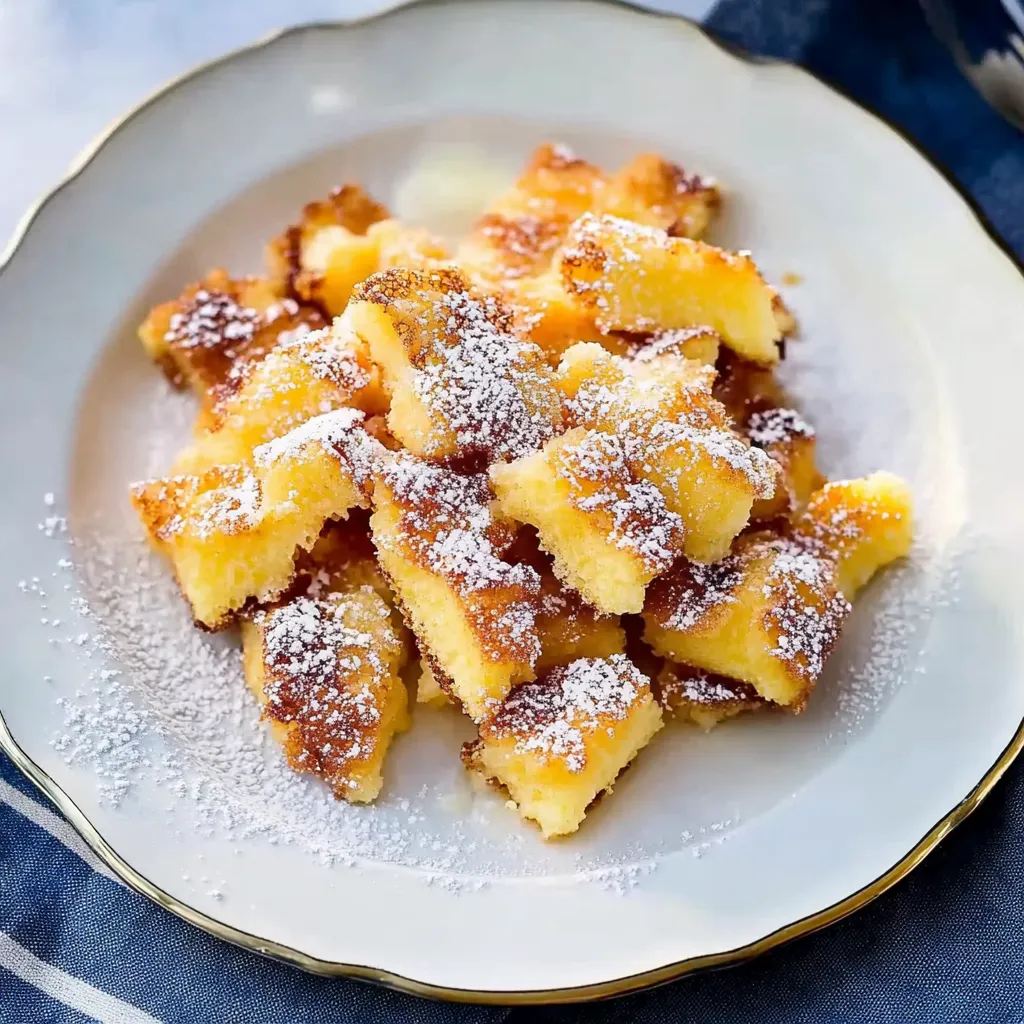 Ein weißer Teller mit einem Dessert, das aus einer Kombination aus Kuchen, Eis und Zucker besteht.