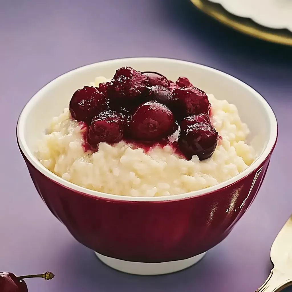 Ein rotes Becher mit Rice und Kirschen.
