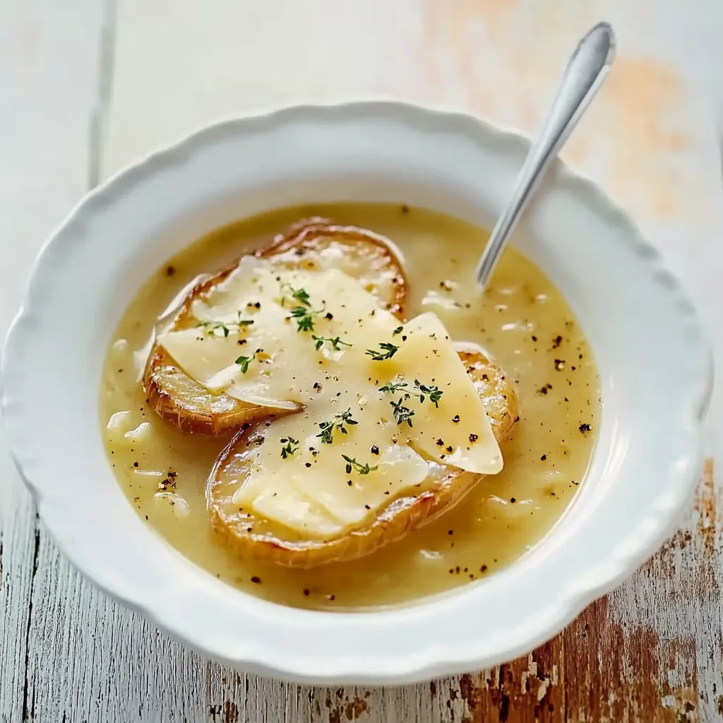 Ein weißer Teller mit einer Suppe, die mit Käse und Toast garniert ist.
