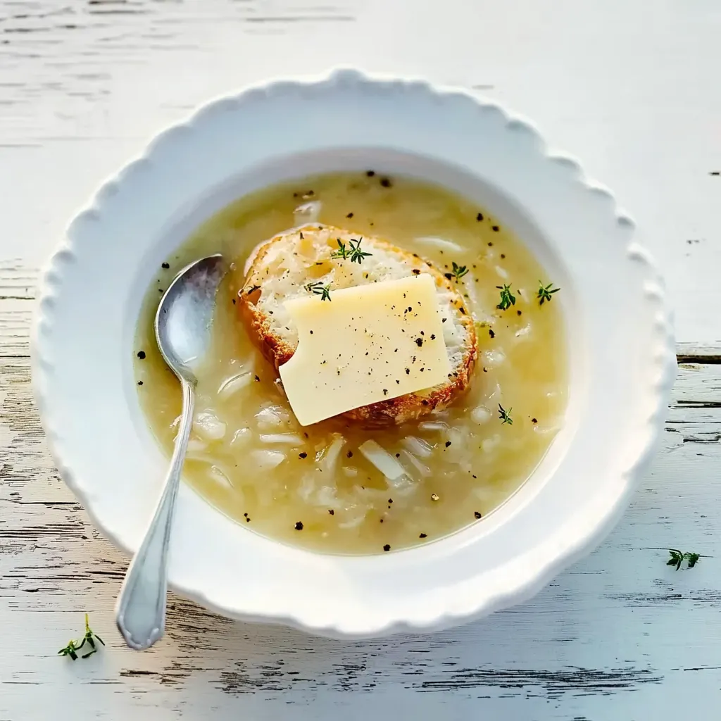 Ein weißer Teller mit einer Schüssel voller Suppe und einem Stück Käse darin.