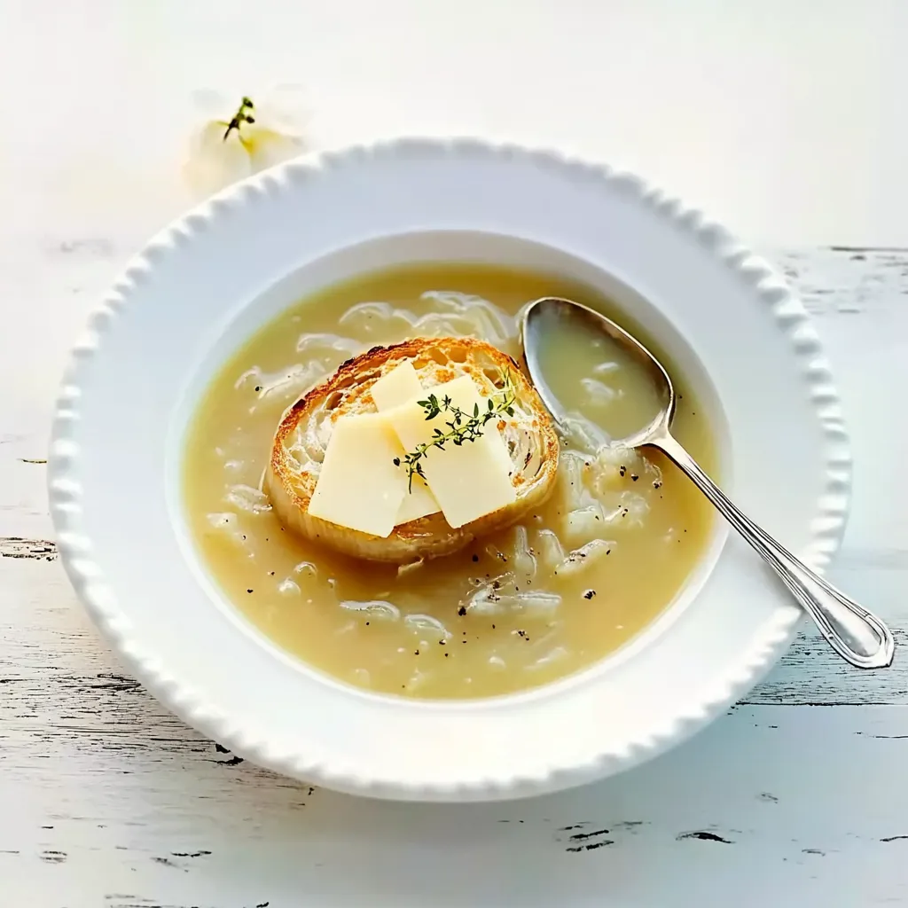 Ein weißer Teller mit einer Schüssel voller Suppe und einem Brotchen darauf.