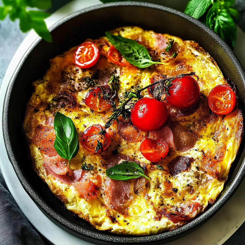 Eine Schüssel mit einer Omelett, die mit Tomaten, Basilikum und Zwiebeln garniert ist.