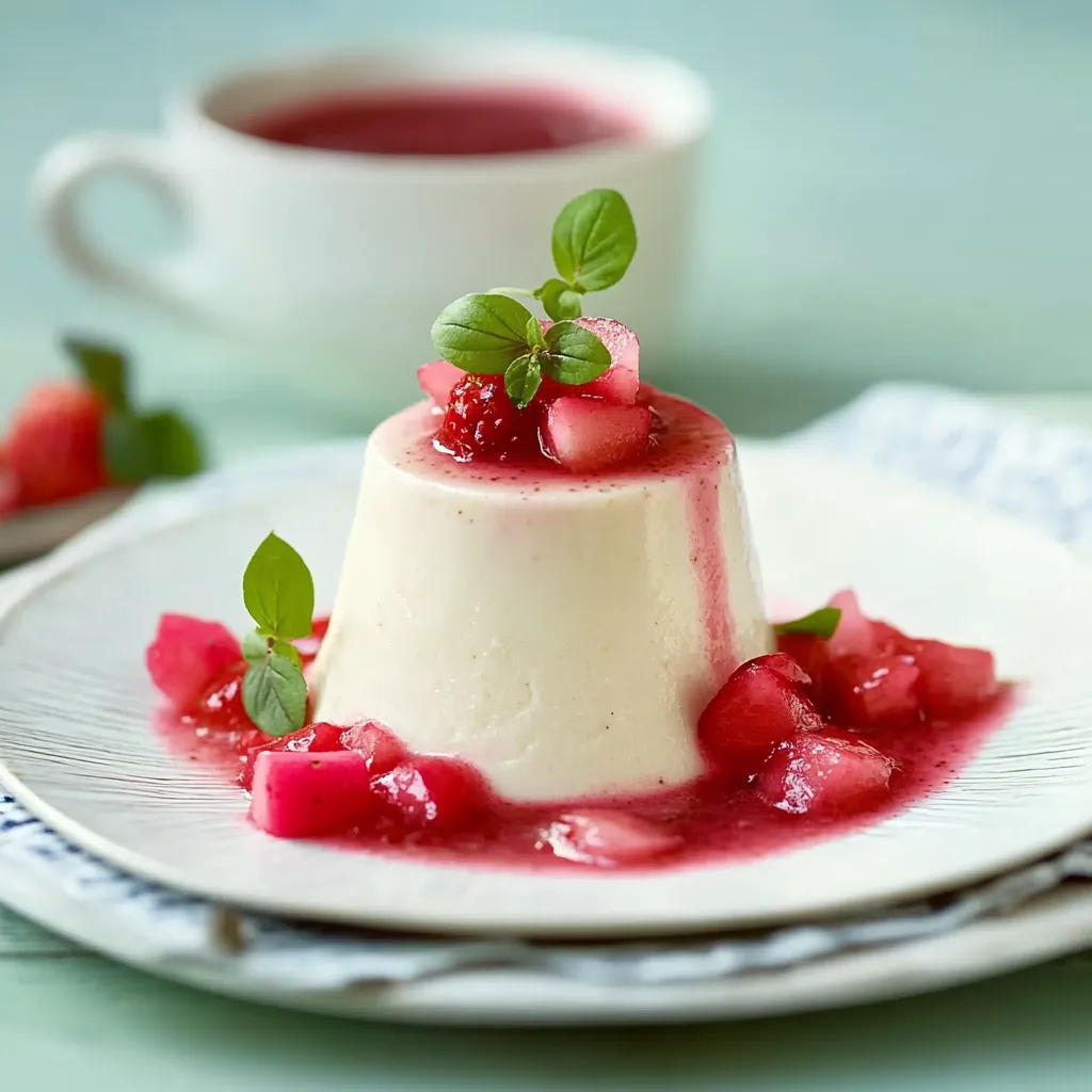 Eine weiße Platte mit einem cremigen Dessert, der mit Beeren und Blattgarnelen garniert ist.