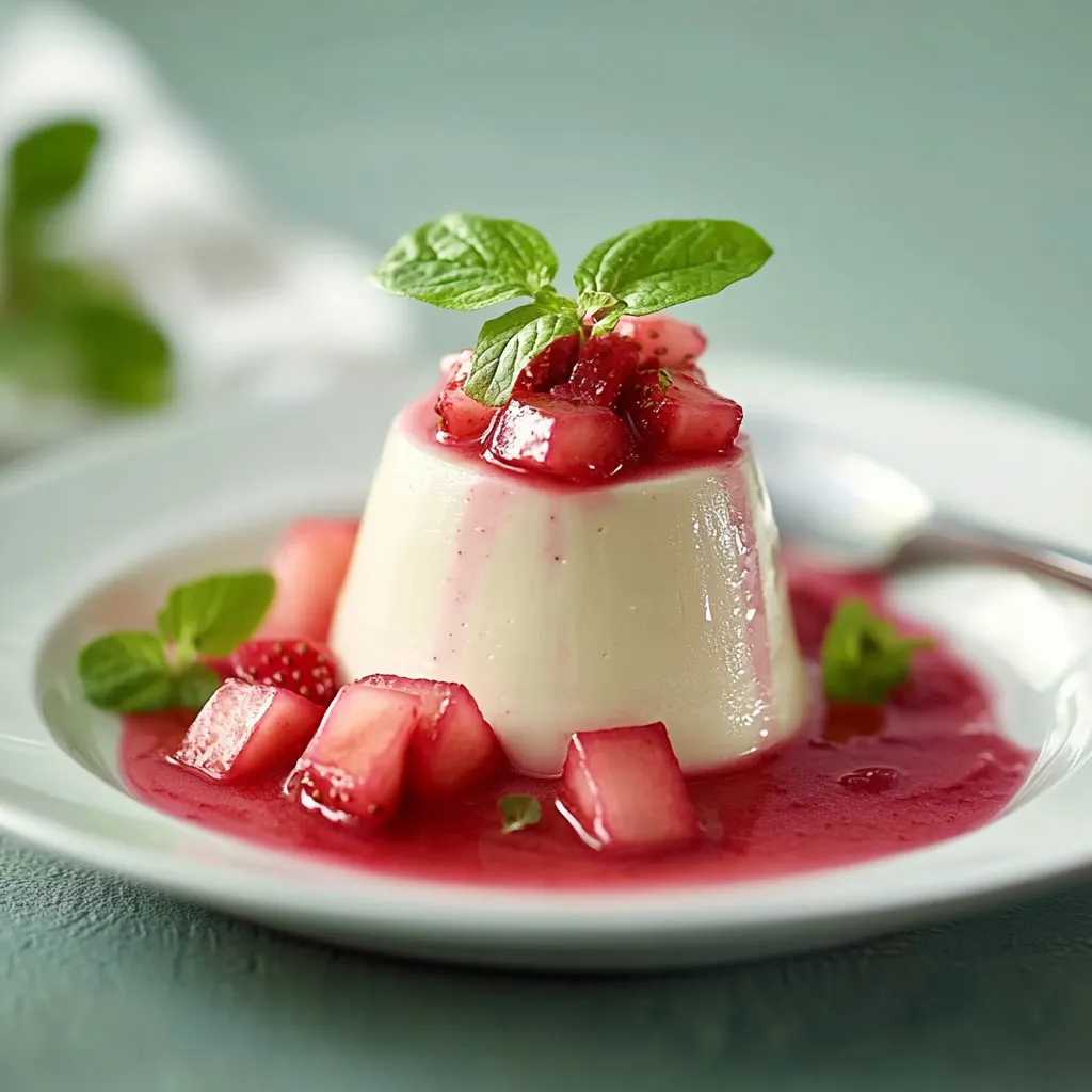 Ein weißes Dessert mit Strawberries und Mint auf einem weißen Teller.