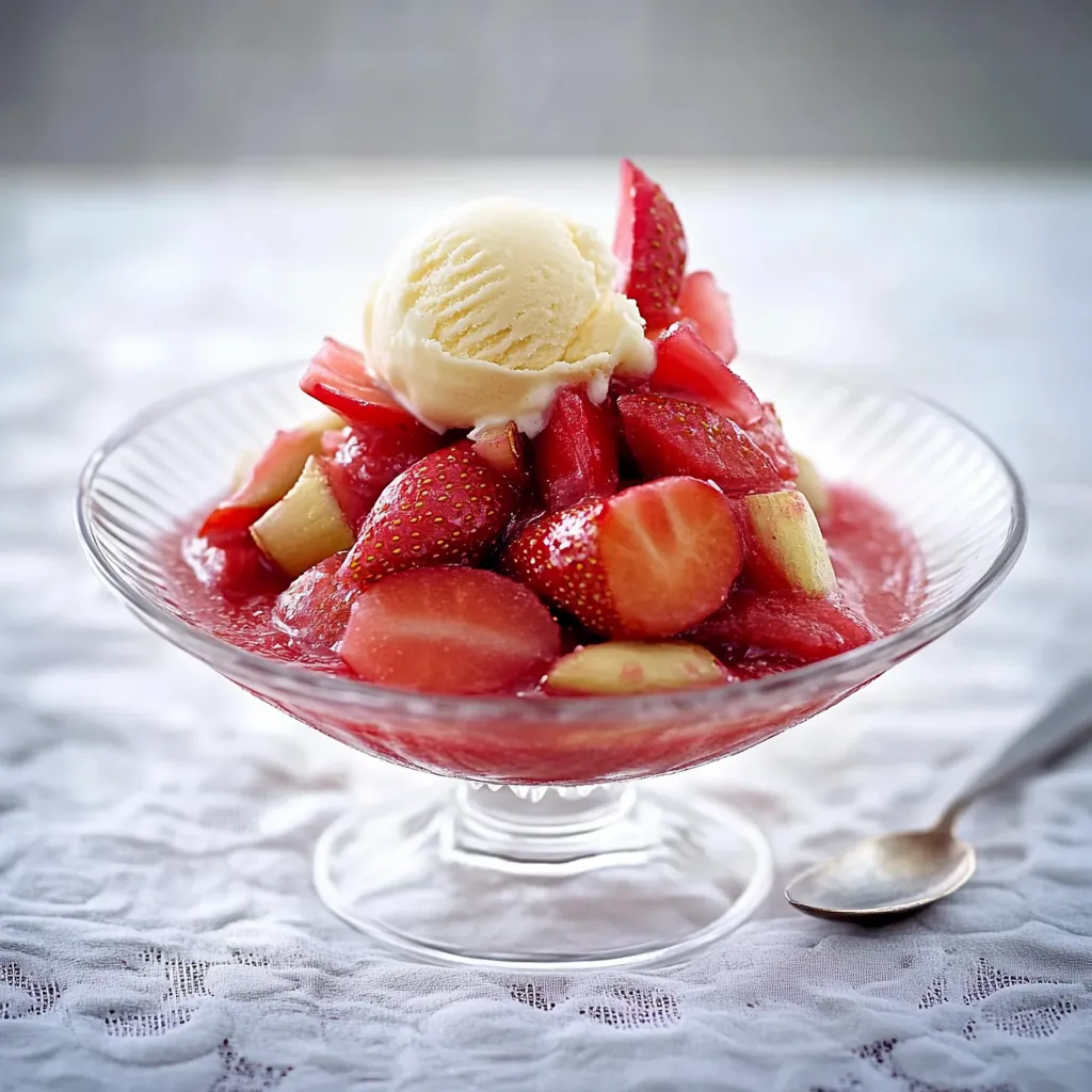 Eine Schüssel mit Strawberry-Topping und Vanille-Eis.