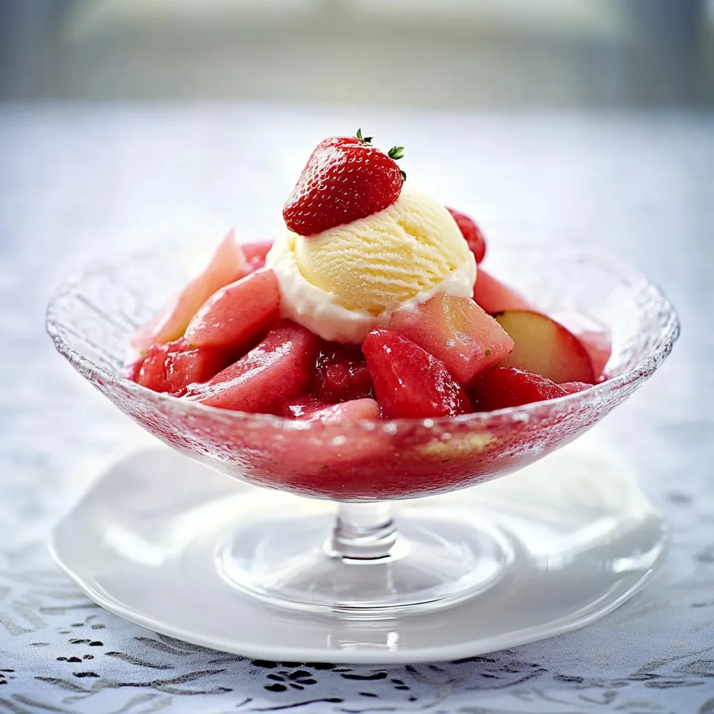 Ein Glas mit Strawberry-Topping und Vanille-Eis.