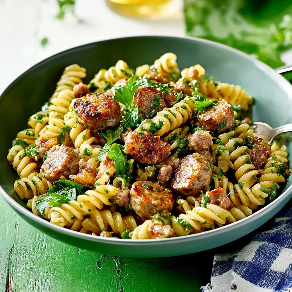 Ein Schälchen mit Pasta, Sausage und Zwiebeln.
