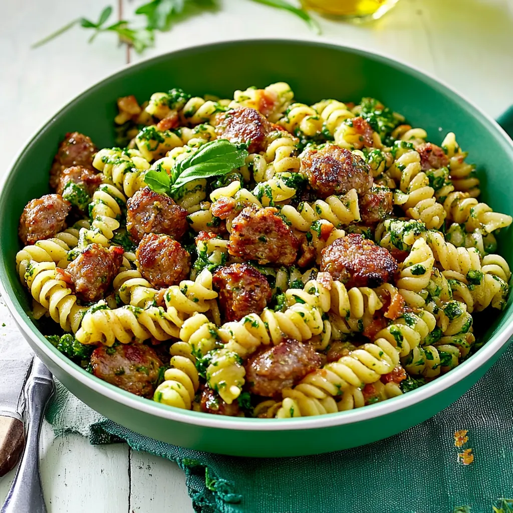 Ein großer, grüner Teller mit Pasta und Sausage.