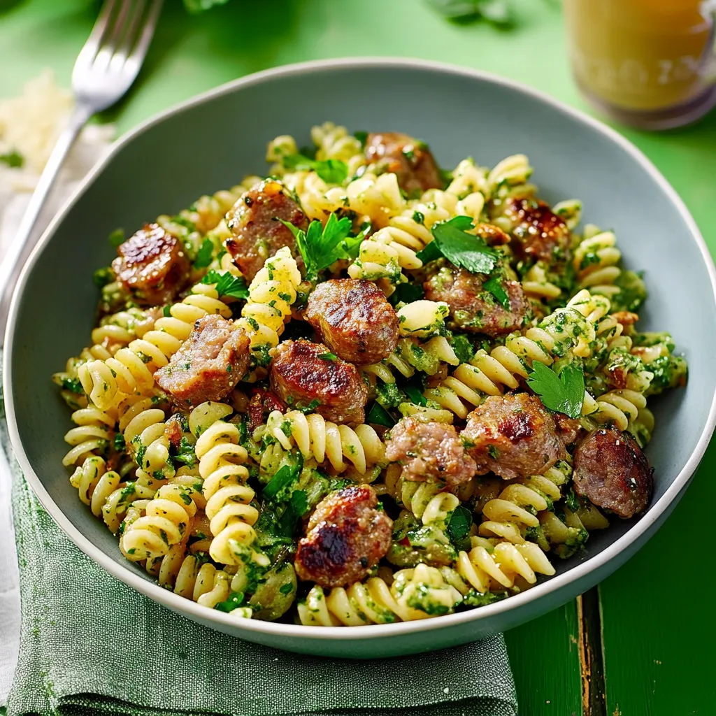 Ein Schälchen mit Pasta, Sausage und Zwiebeln.