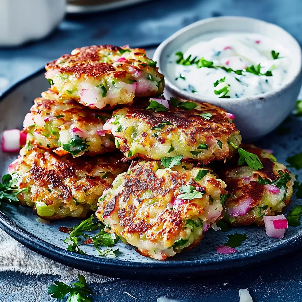 Eine Platte mit Patties und einer Schüssel mit Dressing auf einem Tisch.