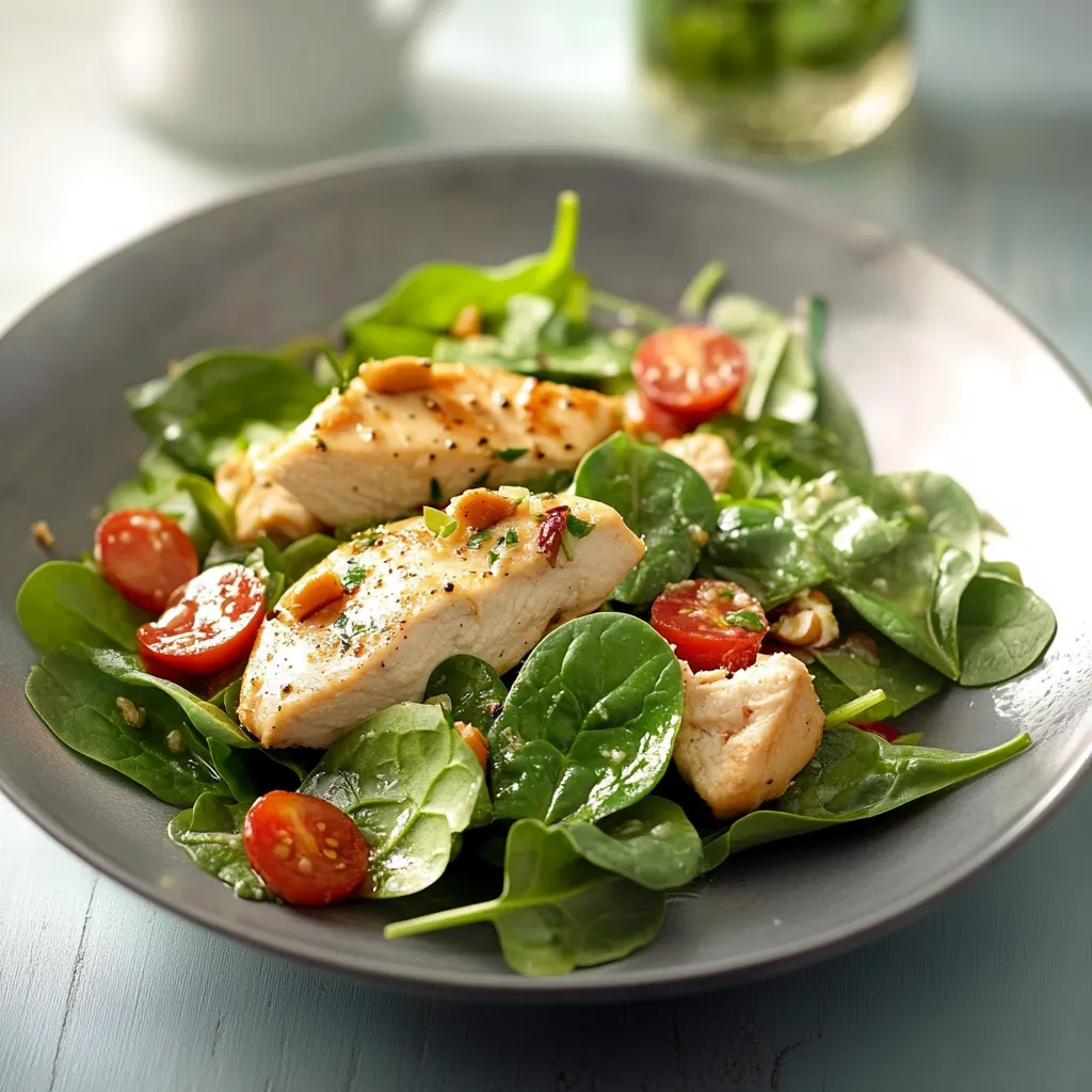 Ein Schüssel mit einer Mischung aus Gemüse, darunter Tomaten, Spinat und Salat, mit gegrilltem Chicken.