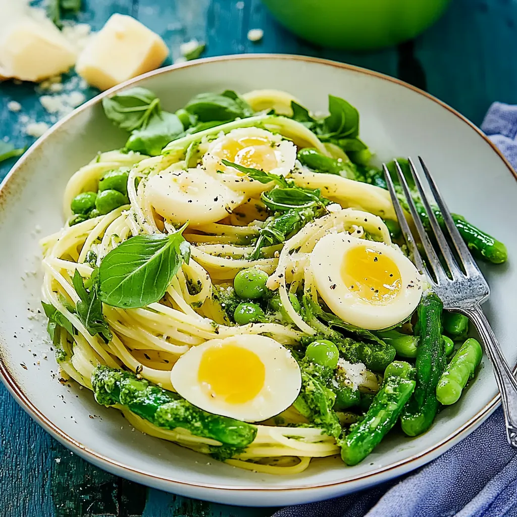 Ein Plate mit Pasta, Eiern und Peas.