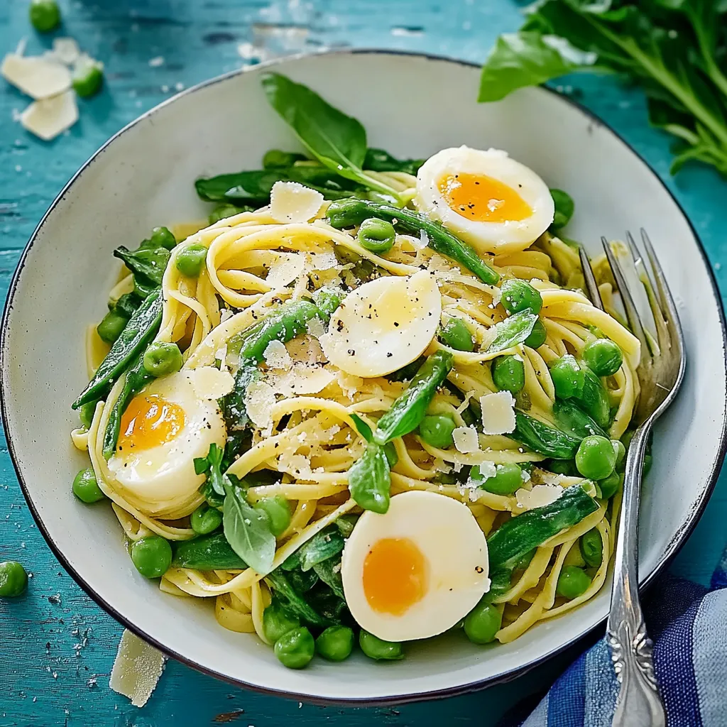 Ein Schälchen mit Pasta, Eiern und Blattspinat auf einem Teller.