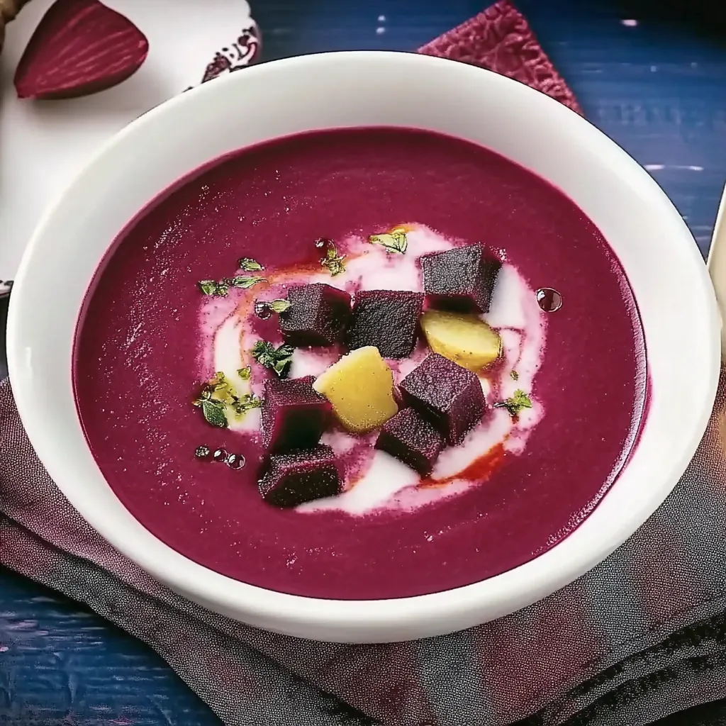 Ein weißer Becher mit einer roten Suppe, die mit gerösteten Beeren und Kartoffeln garniert ist.