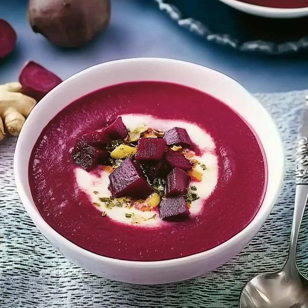 Ein weißer Becher mit einer roten Suppe, die mit Beeren und Koriander garniert ist.