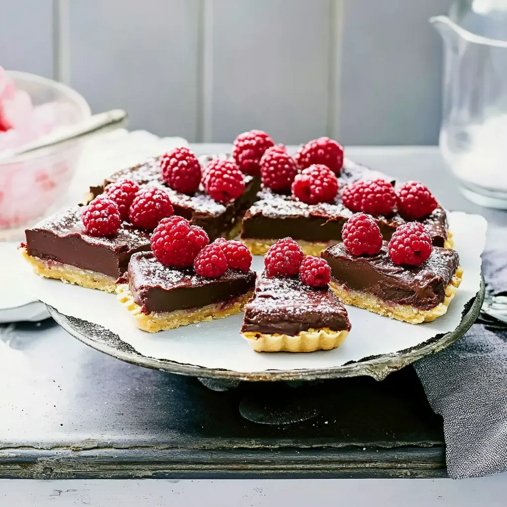 Eine Tafel mit einer Schokoladenkuche, die in kleine Stücke geschnitten wurde, und Raspberrys darauf.