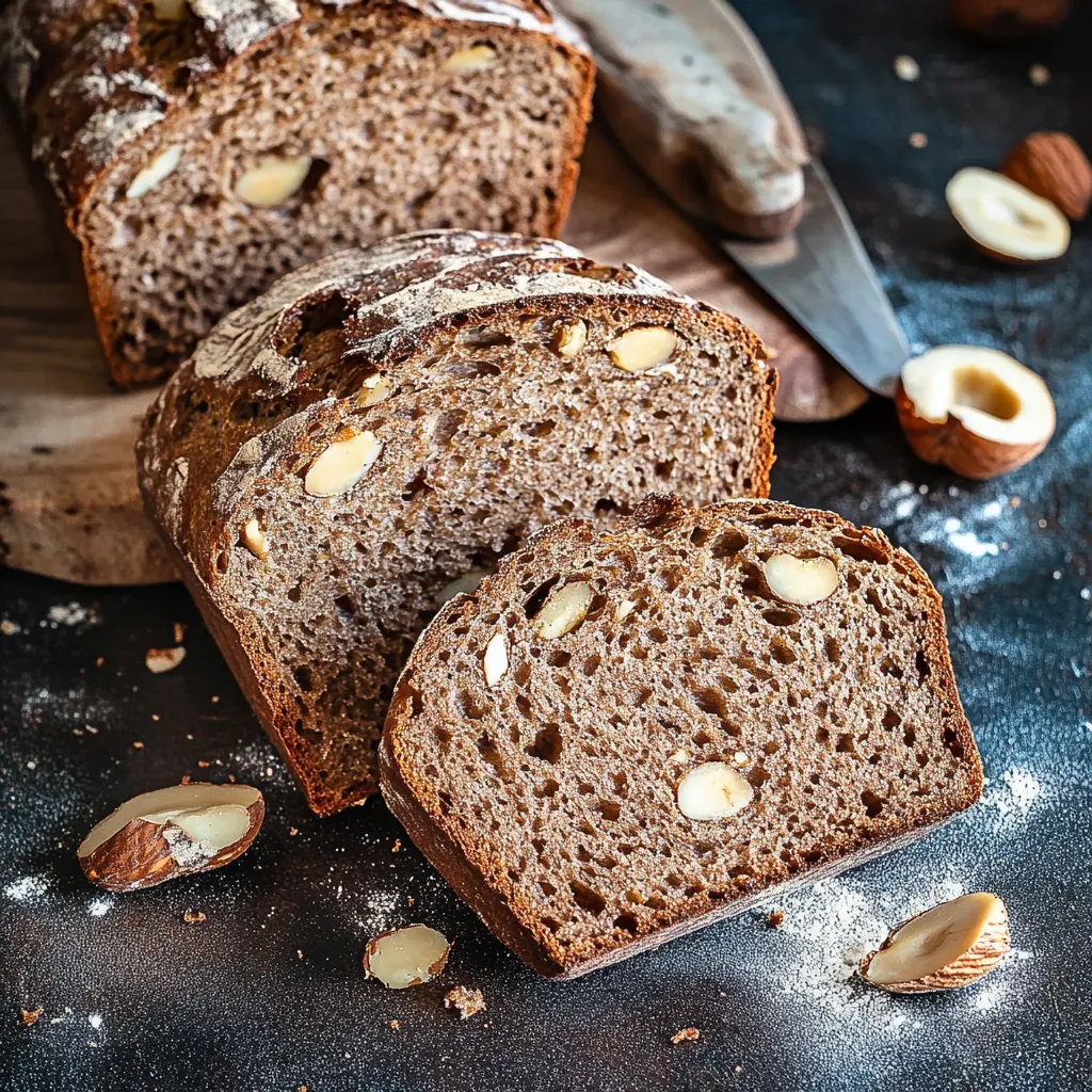 Eine Scheibe Brot mit Nüssen auf einem Tisch.