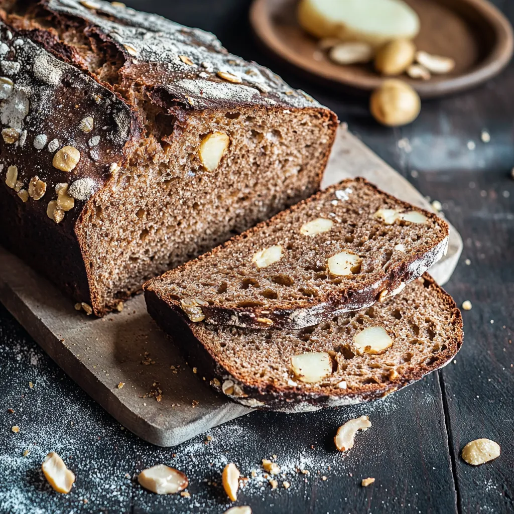 Eine Scheibe Brot mit Nüssen auf einem Tisch.