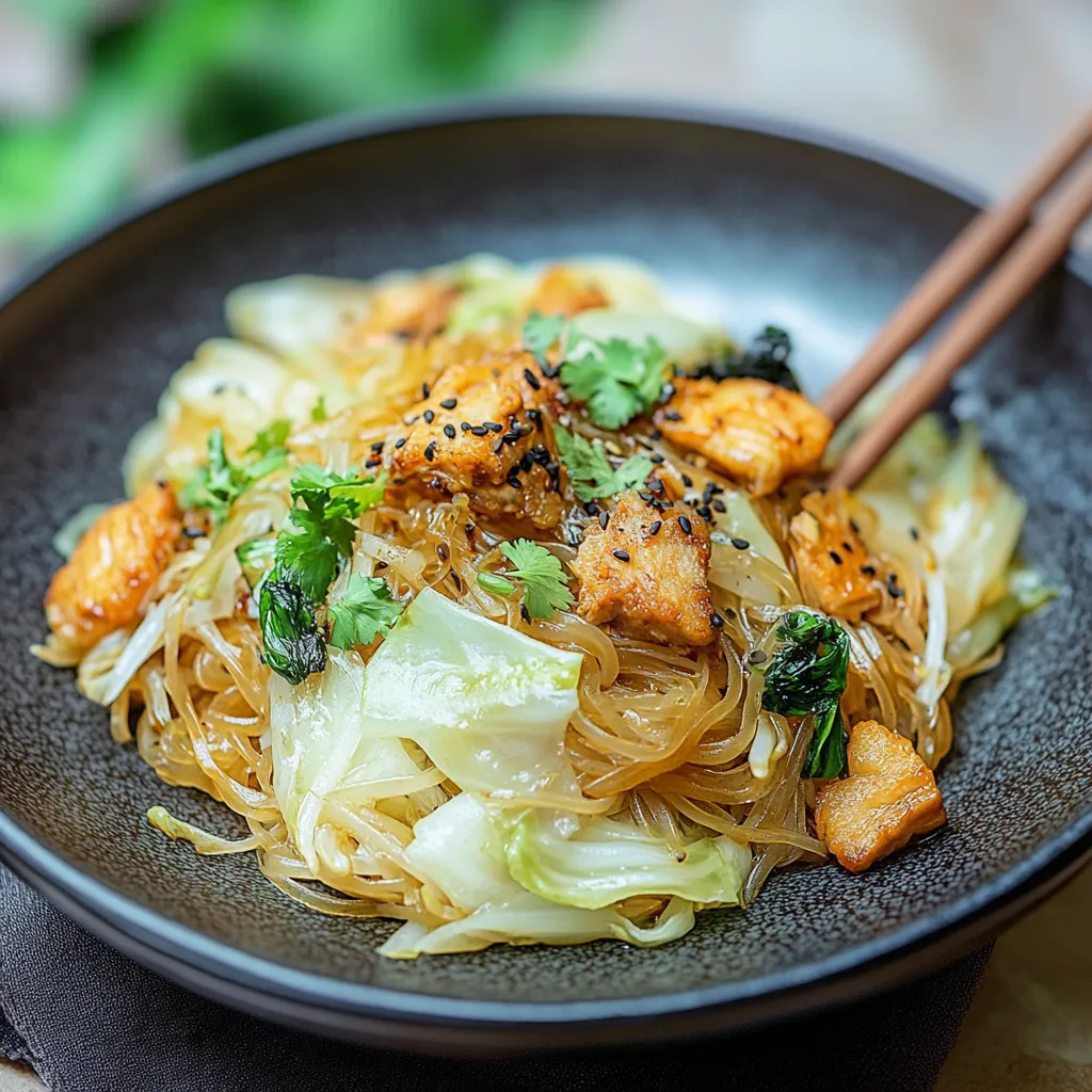 Ein schwarzes, leeres Plateau mit einer Mischung aus Rindfleisch, Zwiebeln und Noodles.