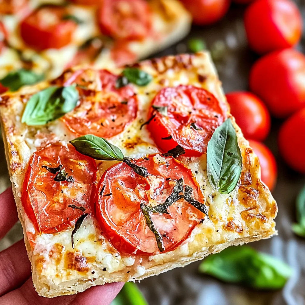 Eine Hand hält eine Scheibe mit Tomaten und Basilikum.