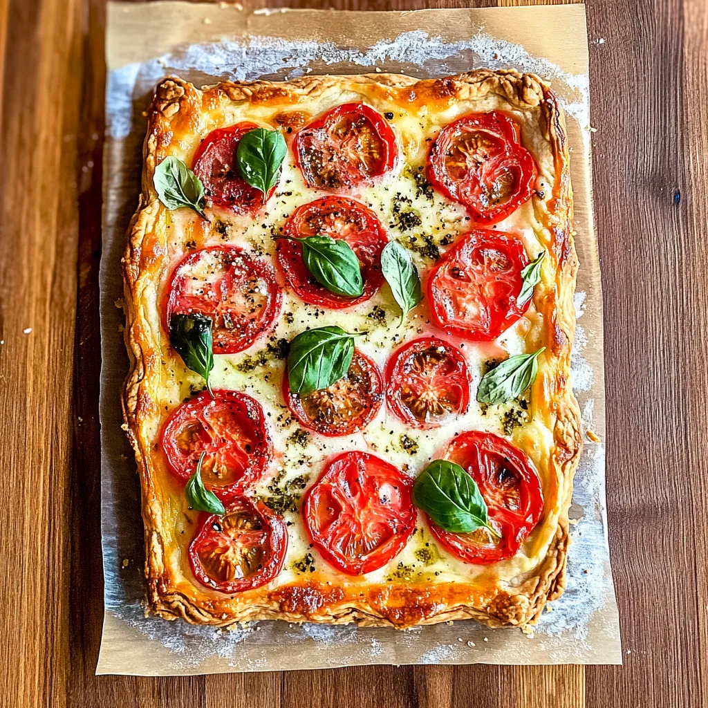 Eine Tomaten-Spinat-Pizza mit Basilikum auf einem Tisch.