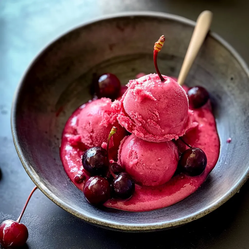 Ein Glas mit Pink-Sorbet und Cherry-Fruchtgarnitur.
