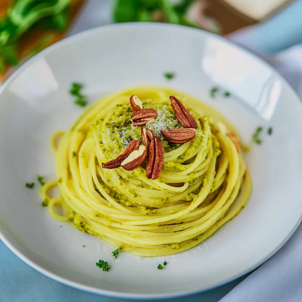 Ein weißer Teller mit Pasta, Nüssen und Spinat.