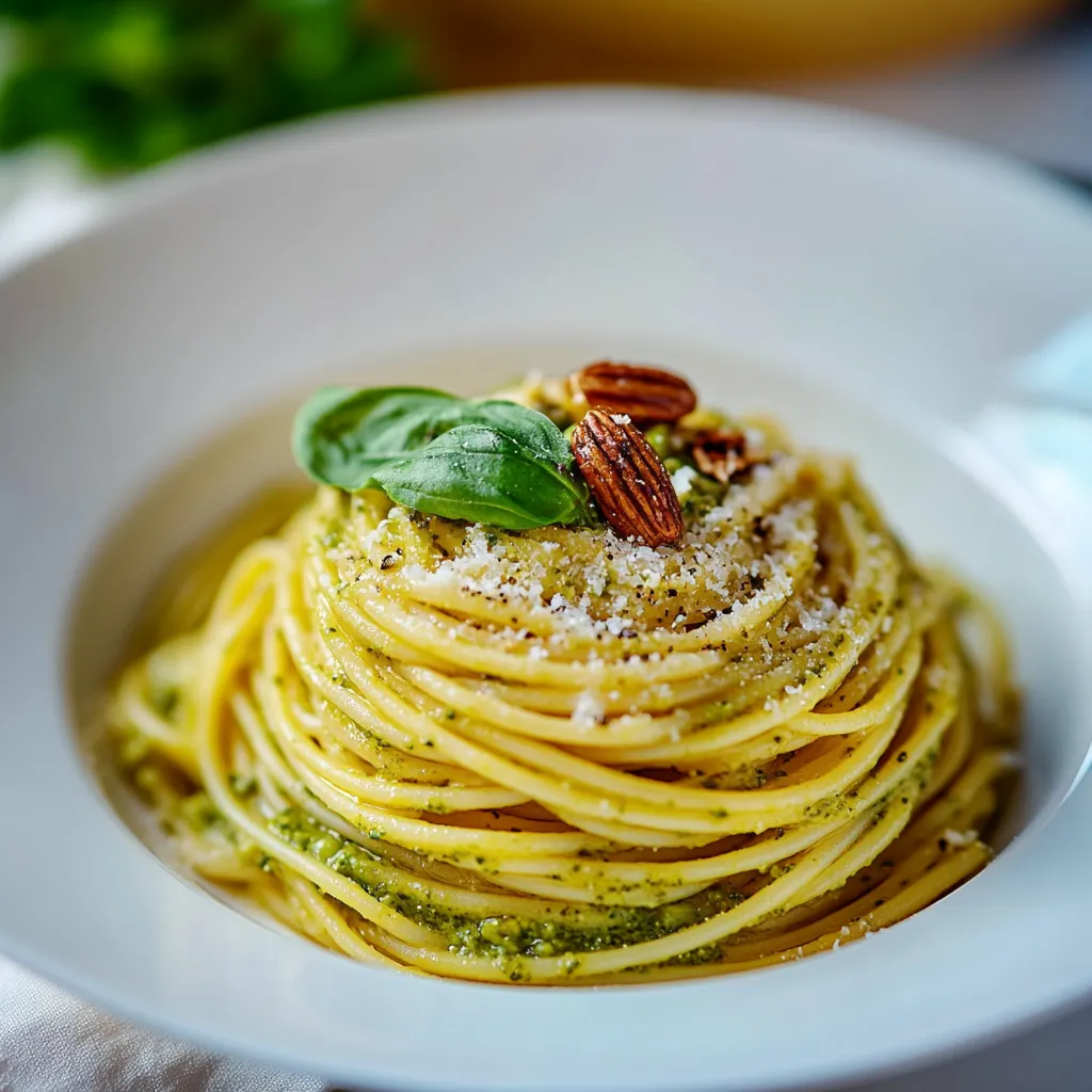 Ein weißer Teller mit Spaghetti und Pesto.