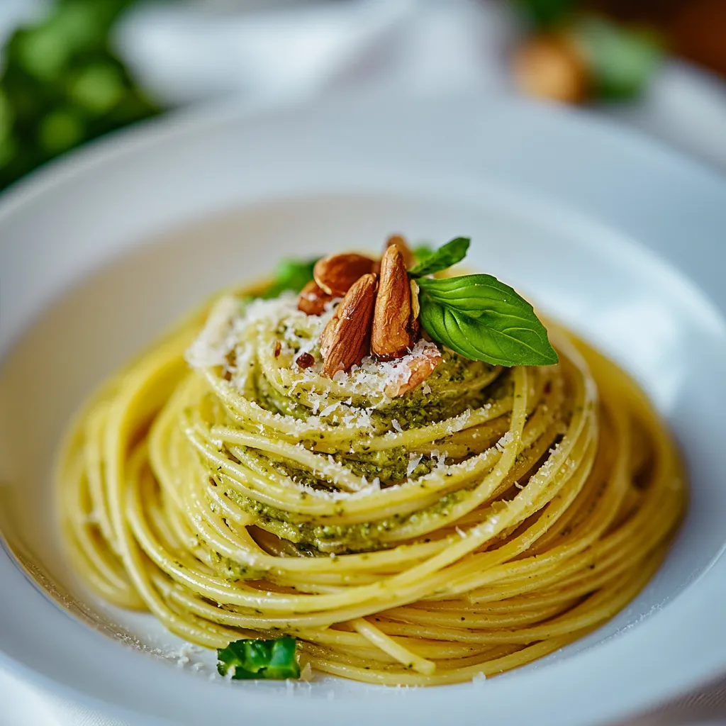 Ein weißer Teller mit Pasta, Spinat und Nüssen.