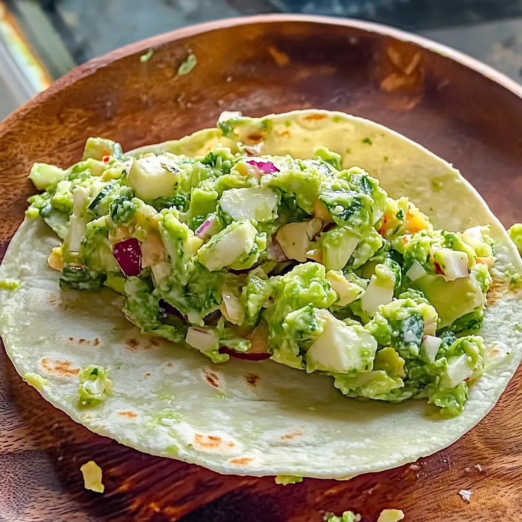 Ein Taco mit einer Mischung aus Avocado, Tomaten, Käse und Zwiebeln auf einem Tisch.