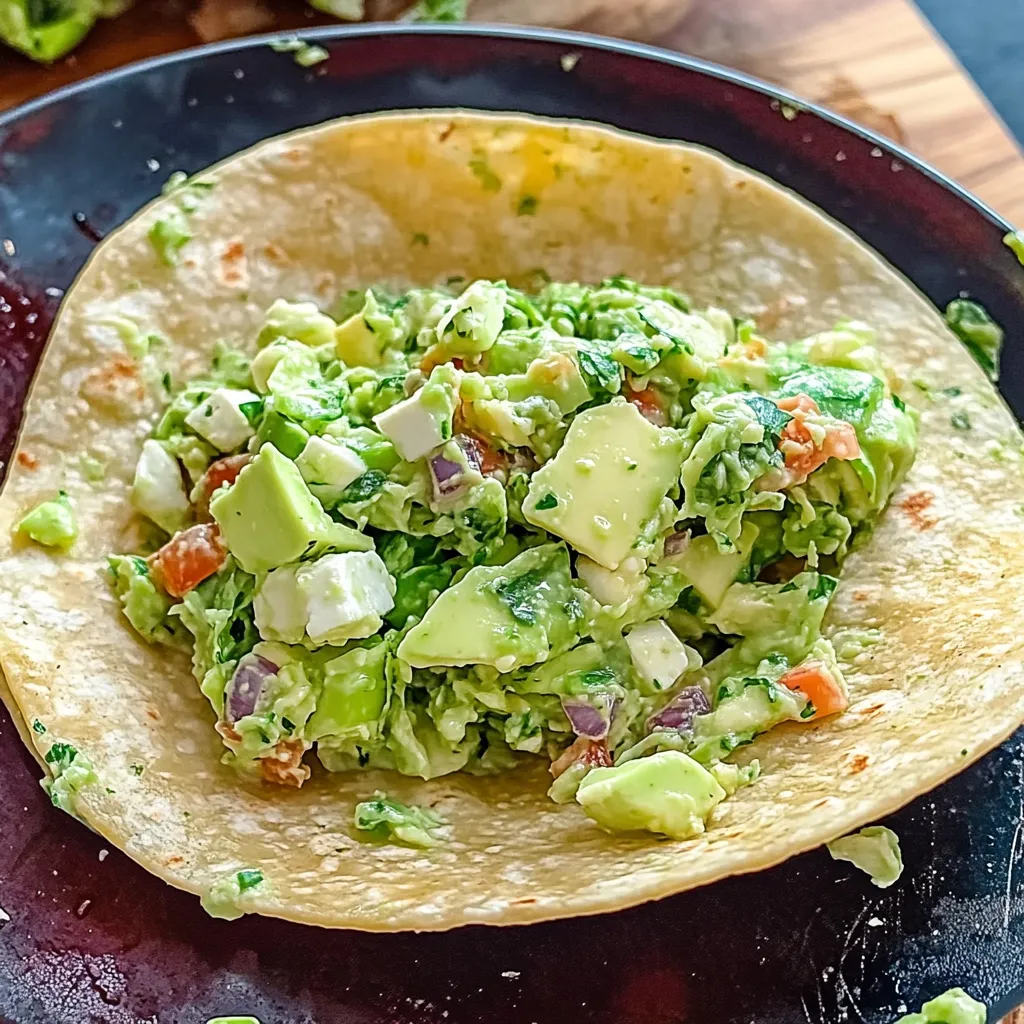Eine Tortilla mit einer Mischung aus Avocado, Tomaten, Lettuce und Mayonnaise.