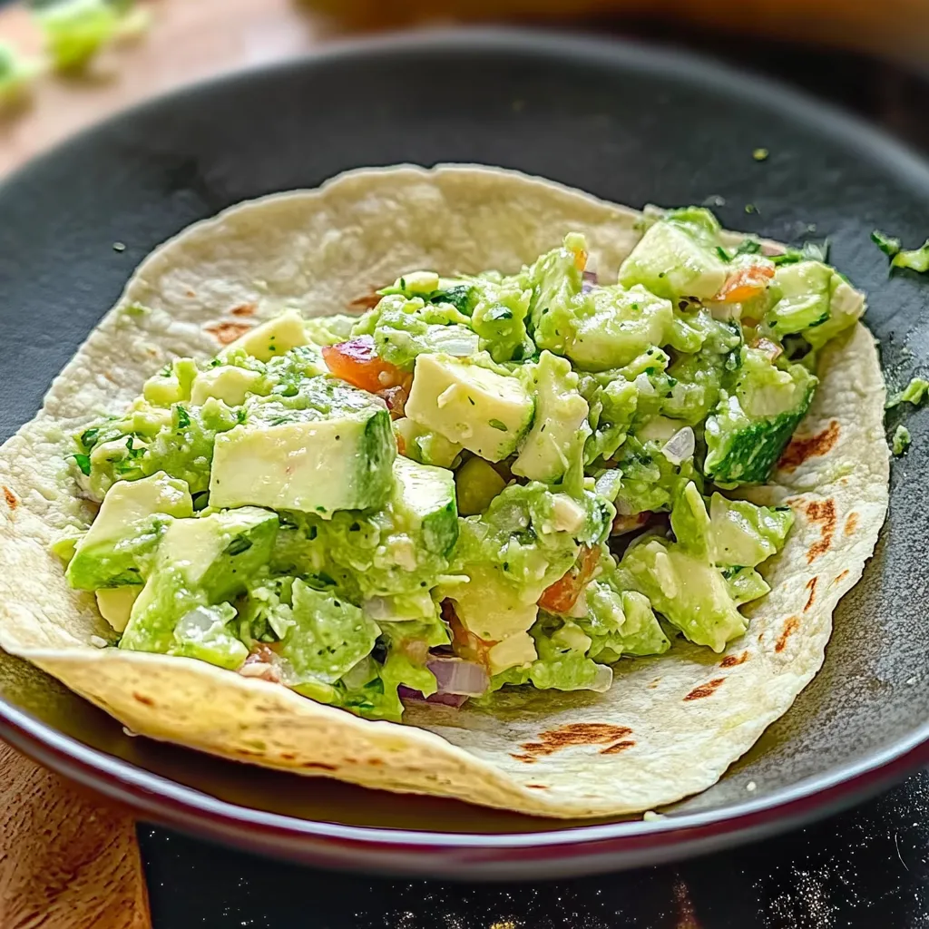 Ein Taco mit verschiedenen Zutaten wie Avocado, Tomaten, Lettuce und Käse auf einem Tortilla.