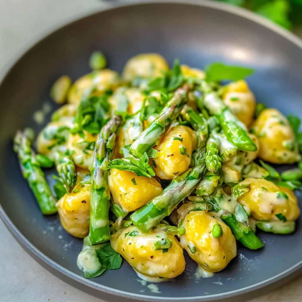Ein Plate mit gegrillten Paprika, Asparagus und Sauce.