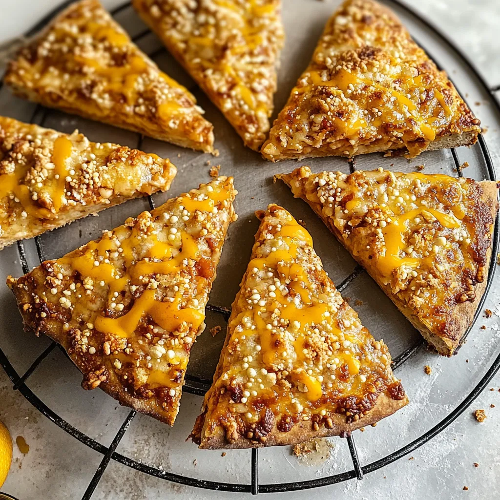 Eine Scheibe Pizza mit Käse und Nüssen auf einem Teller.