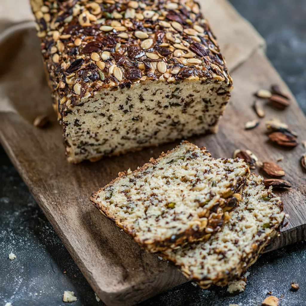 Eine Scheibe Brot auf einem Holzbrett.