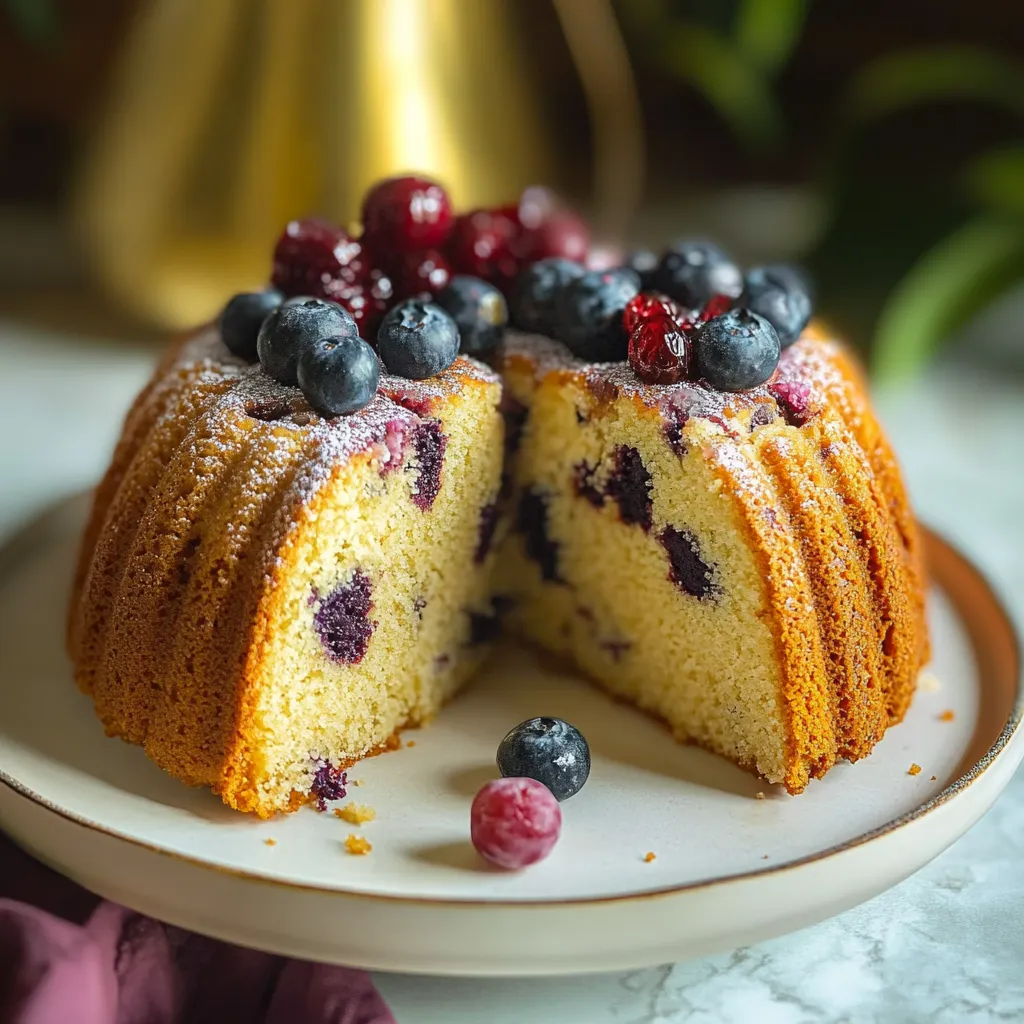 Ein Stück Kuchen mit Blaubeeren und Kirschen auf einem Teller.