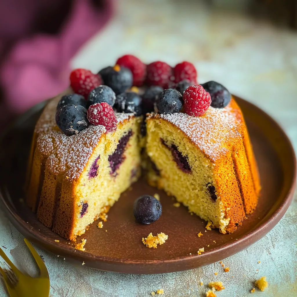 Eine Tafel mit einem Kuchen, der in zwei Hälften geteilt wurde. Die Hälften sind mit Raspberrys und Blaubeeren garniert.
