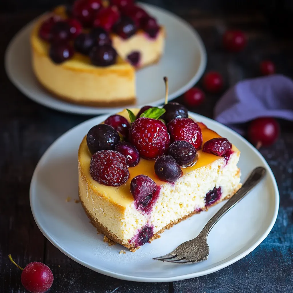 Eine Platte mit einer Schokoladenkuche, die mit Raspberrys und Kirschen garniert ist.