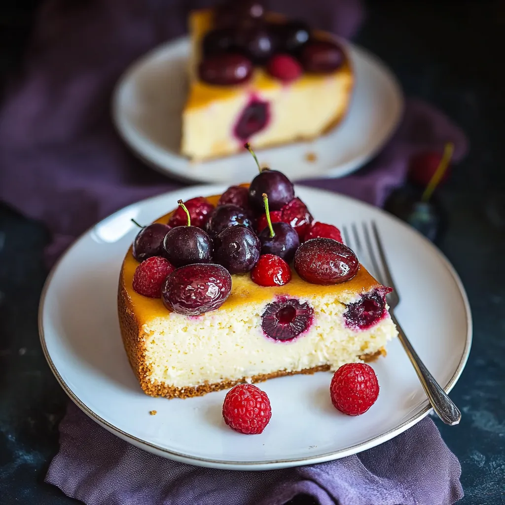 Eine Platte mit einem Stück Käse, die mit Raspberries und Cherries garniert ist.