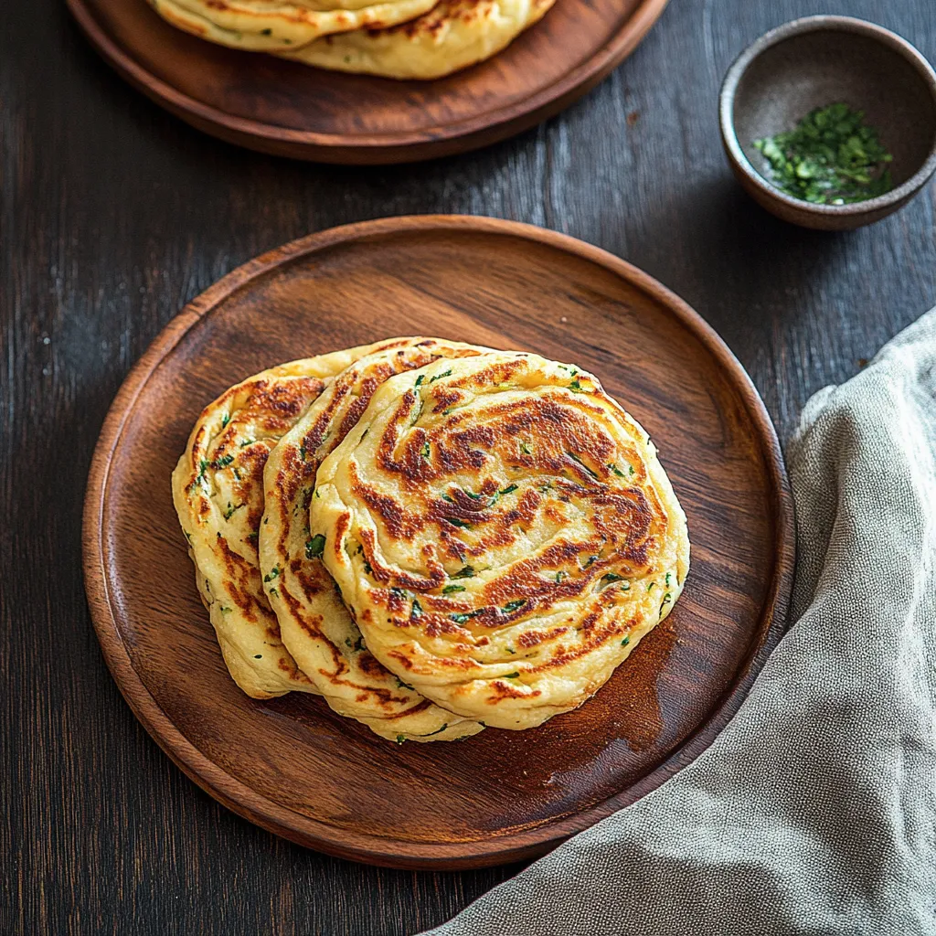 Eine Platte mit drei quirligen, grün garnierten Pancakes auf einem Tisch.