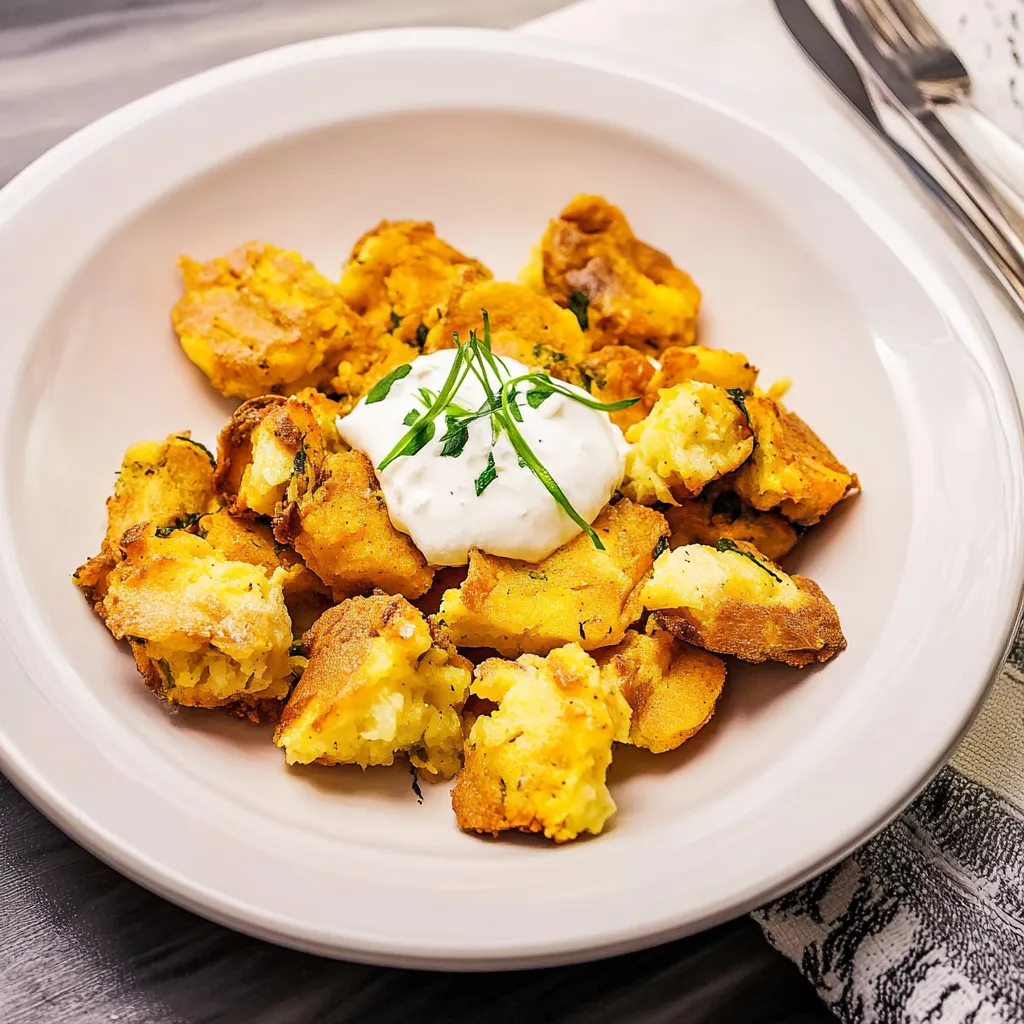 Ein weißer Teller mit einer Mischung aus Kartoffeln, Zwiebeln und Mayonnaise.