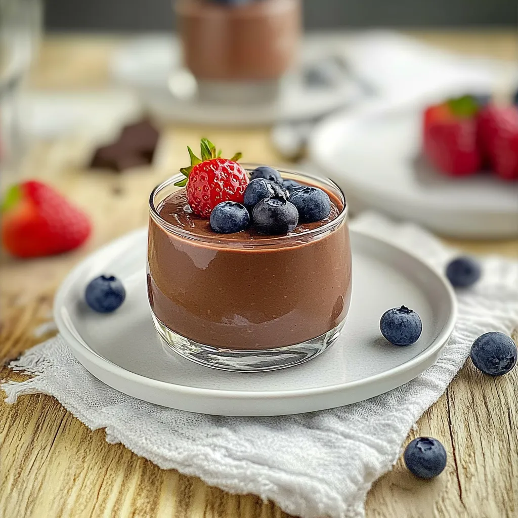Ein Glas mit Schokolade und Blaubeeren auf einem Tisch.
