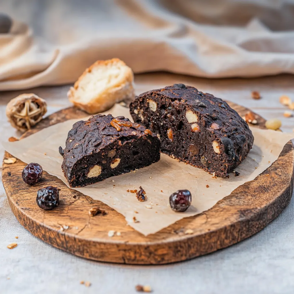 Zwei Stücke von Nussbrot auf einer Platte.