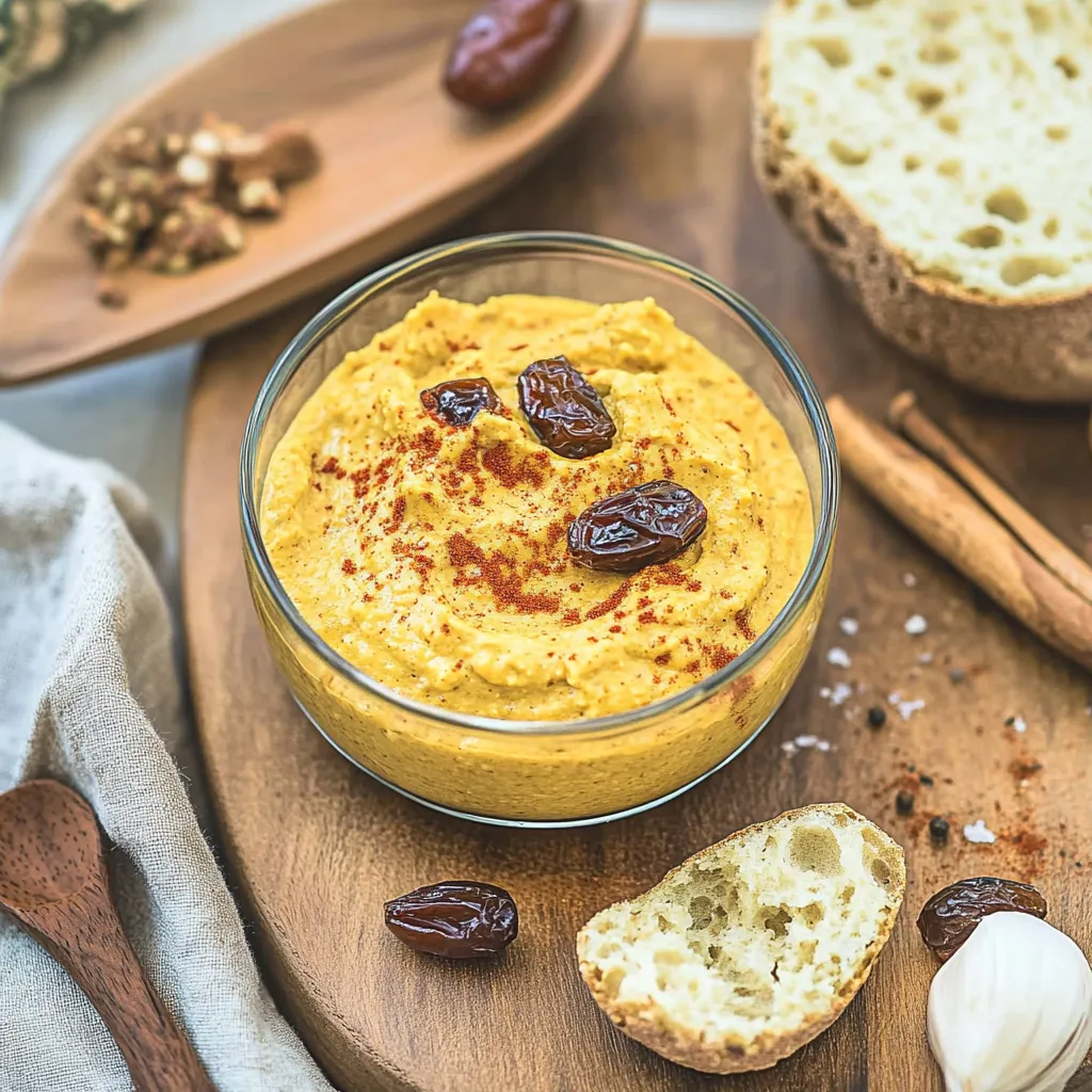 Eine Schüssel mit einer cremigen Substanz, die mit Raisins und Walnüssen garniert ist.